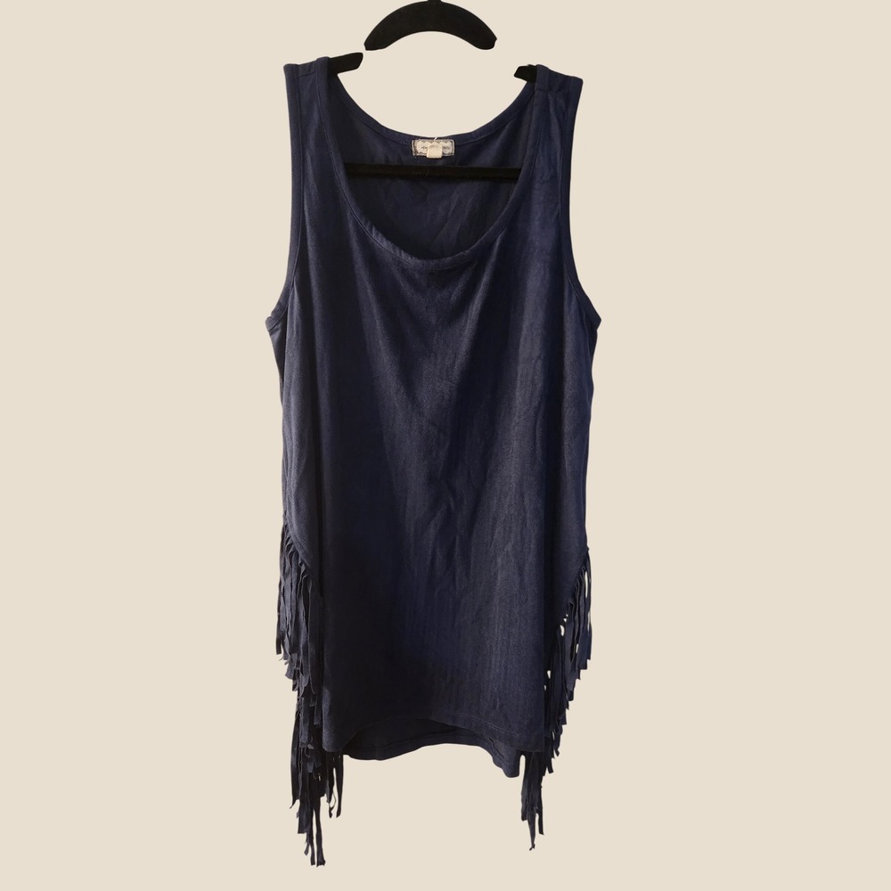 Eyeshadow Navy Blue Faux Suede Fringe Tank M Western Boho Chic Festival